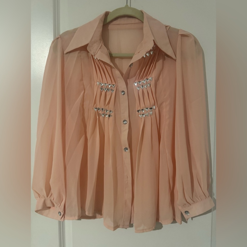 Chic Peach Button-Up Blouse with Stud Accents